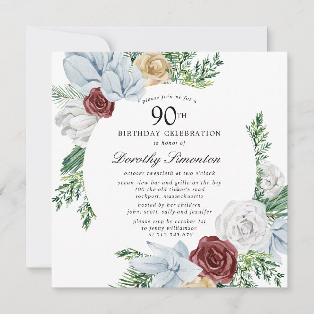 Invitación Dusty Blue Burgundy Floral 90 cumpleaños (Anverso)