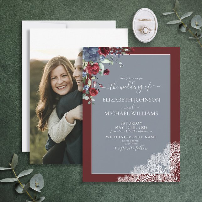 Invitación Dusty Blue Burgundy Floral Lace Wood Photo Boda (Subido por el creador)