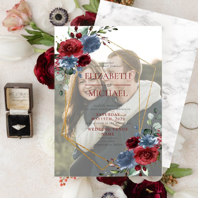 Invitación Dusty Blue Burgundy Gold Vellum Overlay Photo (Subido por el creador)