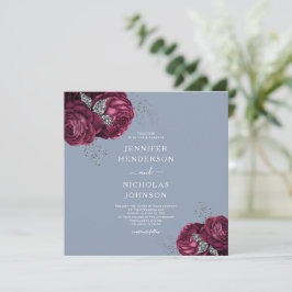 Invitación Dusty Blue Burgundy Peonies Elegante Boda