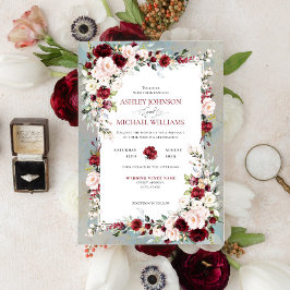 Invitación Dusty Blue Burgundy Rubor Boda Floral