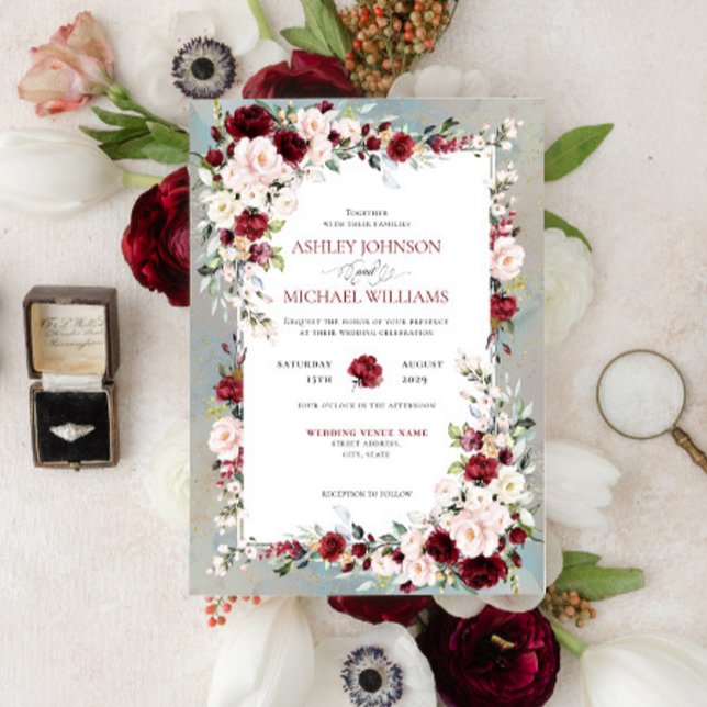 Invitación Dusty Blue Burgundy Rubor Boda Floral (Subido por el creador)