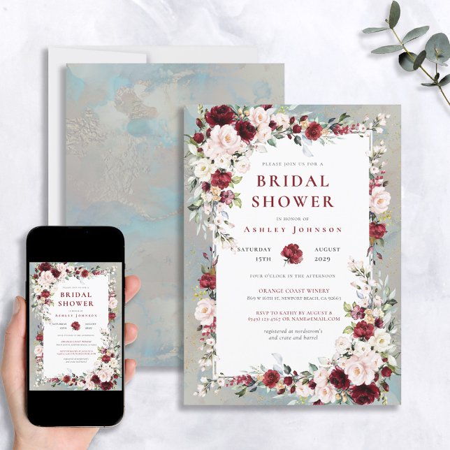 Invitación Dusty Blue Burgundy Rubor Floral Bridal Shower (Subido por el creador)