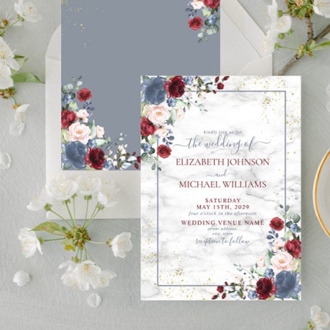 Invitación Dusty Blue Burgundy Rubor Gold Floral Boda (Subido por el creador)