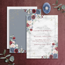 Invitación Dusty Blue Burgundy Rubor Gold Floral Boda