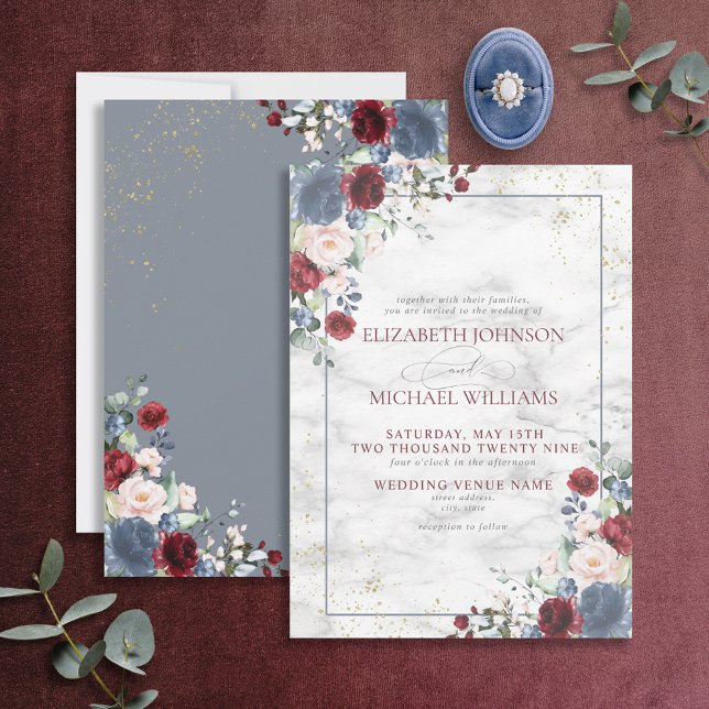 Invitación Dusty Blue Burgundy Rubor Gold Floral Boda (Subido por el creador)