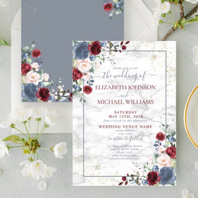 Invitación Dusty Blue Burgundy Rubor Gold Floral Boda (Subido por el creador)