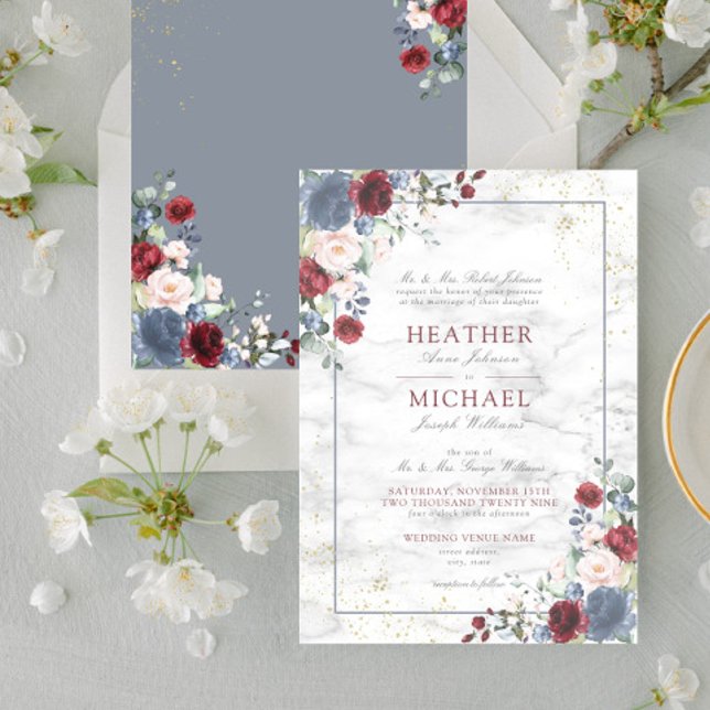 Invitación Dusty Blue Burgundy Rubor Gold Floral Boda Inv (Subido por el creador)