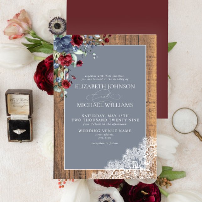 Invitación Dusty Blue Burgundy Wood Lace Script Boda (Subido por el creador)