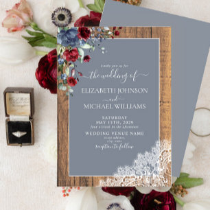 Invitación Dusty Blue Burgundy Wood Lace Script Boda