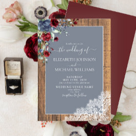 Invitación Dusty Blue Burgundy Wood Lace Script Boda