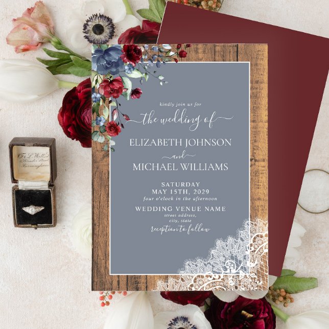 Invitación Dusty Blue Burgundy Wood Lace Script Boda (Subido por el creador)