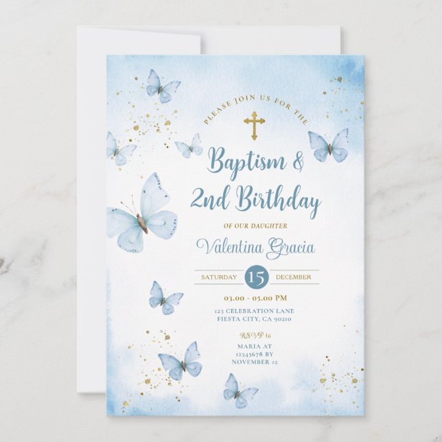 Invitación Dusty Blue Butterfly Chica 3.ᵉʳ bautismo de cumple (Anverso)