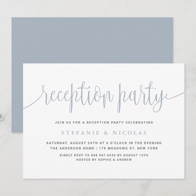 Invitación Dusty Blue Calligraphy Wedding Fiesta de recepción (Anverso / Reverso)