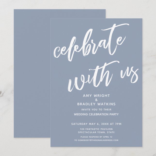 Invitación Dusty Blue celebra con la recepción de bodas de EE (Anverso / Reverso)