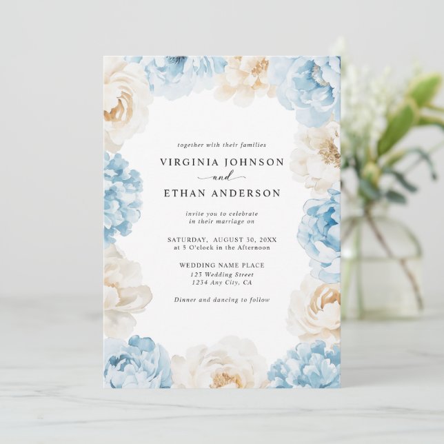 Invitación Dusty Blue Champagne Ivory Peonies Boda Floral (Anverso de pie)
