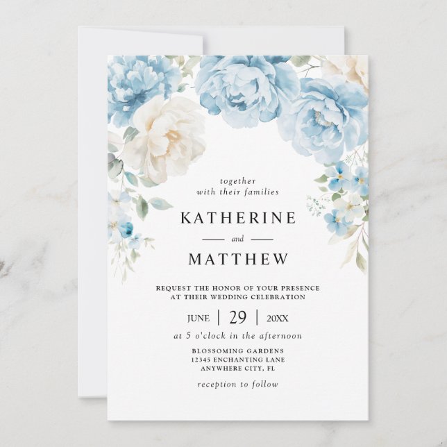 Invitación Dusty Blue Champagne Ivory Peonies Boda Floral (Anverso)