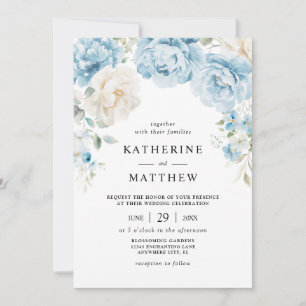 Invitación Dusty Blue Champagne Ivory Peonies Boda Floral