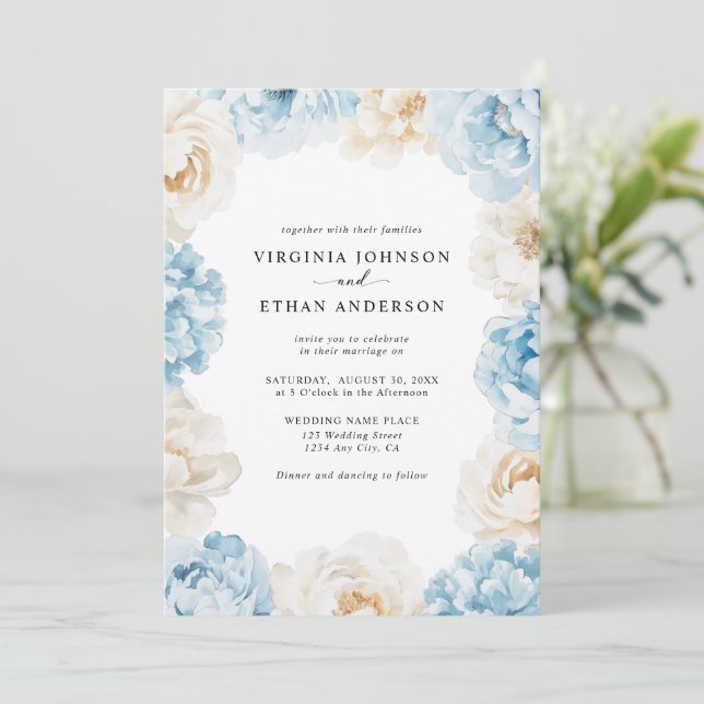 Invitación Dusty Blue Champagne Ivory Peonies Boda Floral (Anverso de pie)