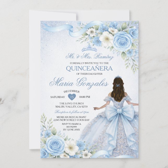 Invitación Dusty Blue Charra Princess Floral Girl Quinceañera (Anverso)
