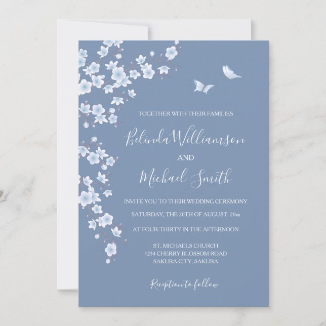 Invitación Dusty Blue Cherry Blossom | Wedding (Anverso)