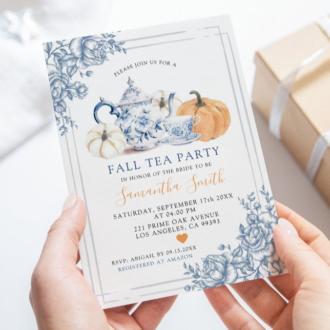 Invitación Dusty Blue Chinoiserie Autumn Pumpkin Tea Fiesta (Subido por el creador)