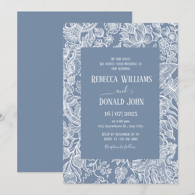 Invitación Dusty Blue Chinoiserie boda Floral (Anverso / Reverso)
