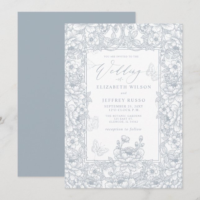 Invitación Dusty Blue Chinoiserie Floral Botanical Wedding (Anverso / Reverso)