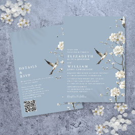 Invitación Dusty Blue Chinoiserie Floral QR Code Boda