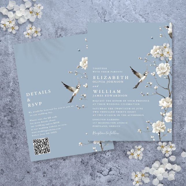 Invitación Dusty Blue Chinoiserie Floral QR Code Boda (Dusty Blue Chinoiserie Floral QR Code Wedding Invitation)