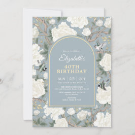Invitación Dusty Blue Chinoiserie Floral Women 40 cumpleaños