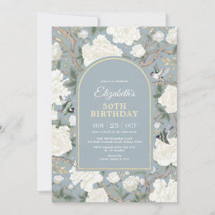 Invitación Dusty Blue Chinoiserie Floral Women 50 cumpleaños