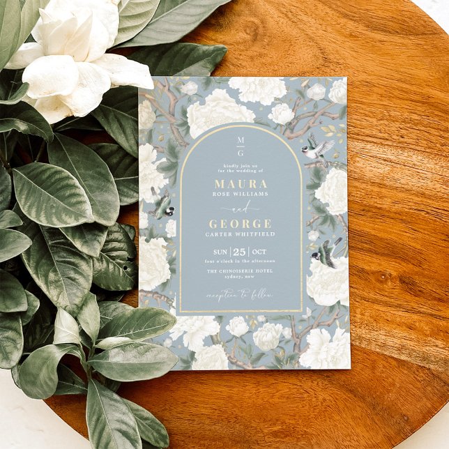 Invitación Dusty Blue Chinoiserie Flower Garden Boda (Subido por el creador)