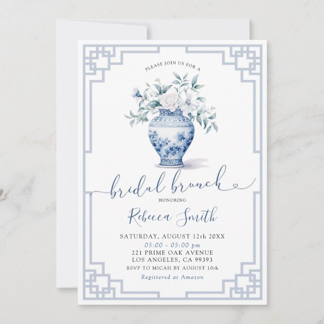 Invitación Dusty Blue Chinoiserie Ginger Jar Bridal Brunch (Anverso)