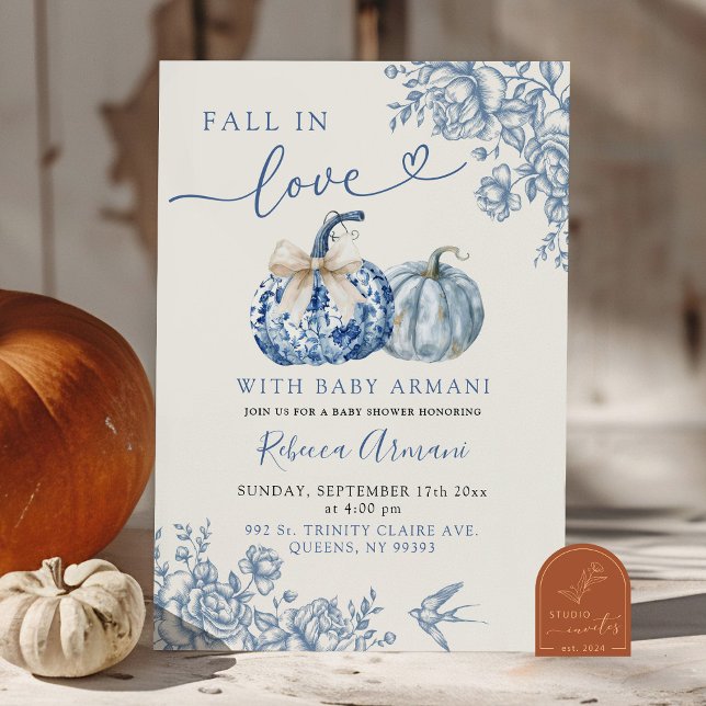 Invitación Dusty Blue Chinoiserie Pumpkin Fall In Love Shower (Subido por el creador)