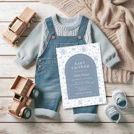Invitación Dusty Blue Chinoiserie Teddy Bear y Bows Baby