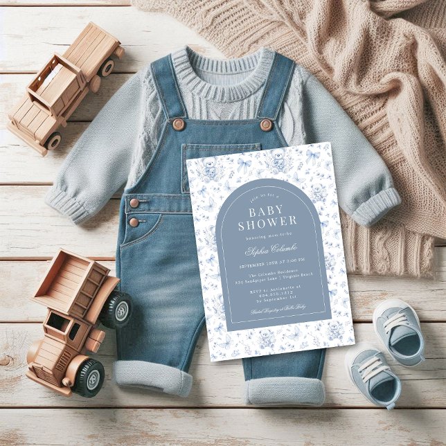 Invitación Dusty Blue Chinoiserie Teddy Bear y Bows Baby (Subido por el creador)