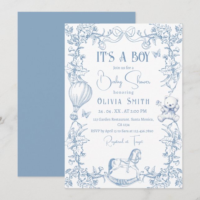 Invitación Dusty Blue Chinoiserie Toile Vintage Baby Shower (Anverso / Reverso)