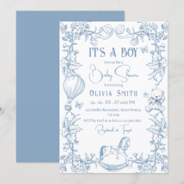 Invitación Dusty Blue Chinoiserie Toile Vintage Baby Shower