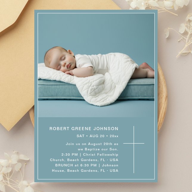Invitación Dusty Blue Christening Photo Baby Baptism (Subido por el creador)
