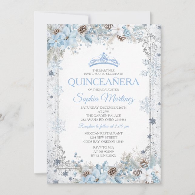 Invitación Dusty Blue Christmas Floral Snowflake Quinceañera (Anverso)