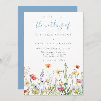 Invitación Dusty Blue Colorful Rustic Wildflower Wedding
