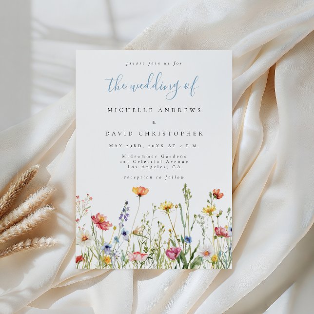 Invitación Dusty Blue Colorful Rustic Wildflower Wedding (Subido por el creador)
