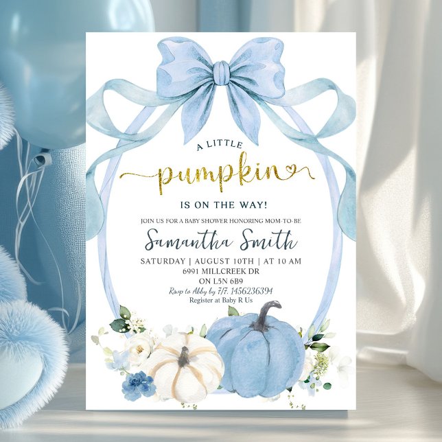 Invitación Dusty Blue Coquette Autumn Pumpkin Baby Shower (Subido por el creador)