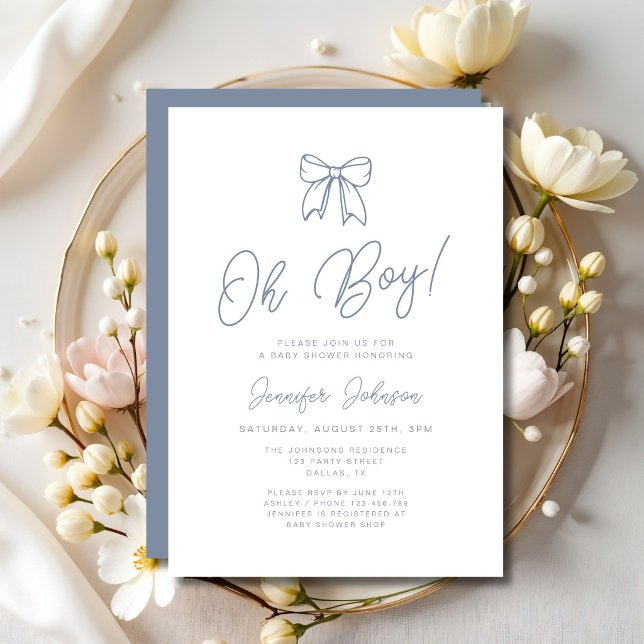 Invitación Dusty Blue Coquette Bow Niño Fiesta de Bebé (Dusty Blue Coquette Bow Boy Baby Shower Invitation)