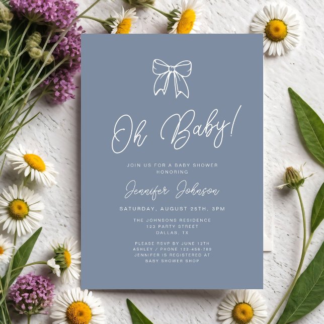 Invitación Dusty Blue Coquette Bow Niño Oh Fiesta de Bebé (Dusty Blue Coquette Bow Boy Oh Baby Shower Invitation)
