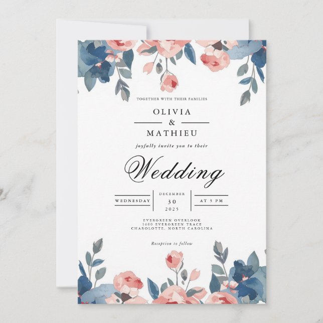 Invitación Dusty Blue & Coral Floral Romance Boda (Anverso)