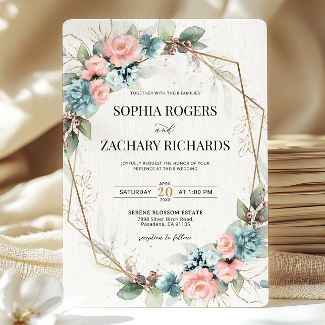 Invitación Dusty Blue Coral Pink Floral Geometric Wedding  (Subido por el creador)