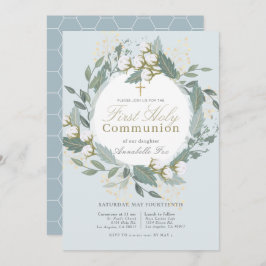 Invitación Dusty Blue Cotton Wreath Primera Comunión Sagrada