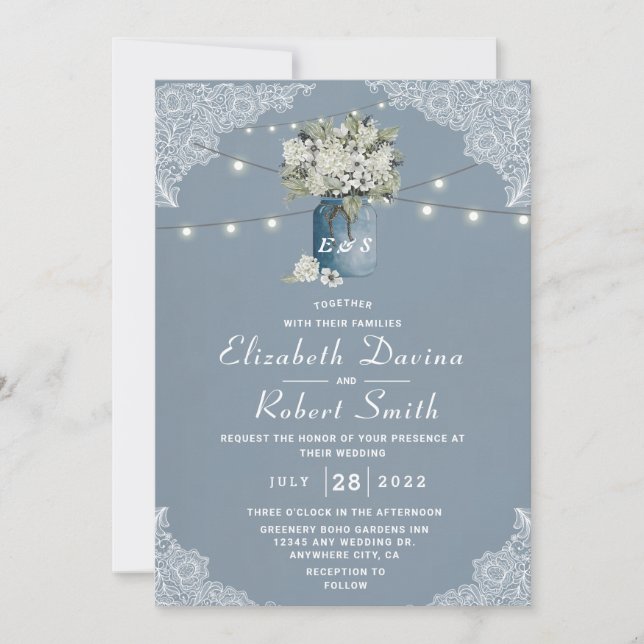 Invitación Dusty Blue Country Boda de encaje blanco combinado (Anverso)
